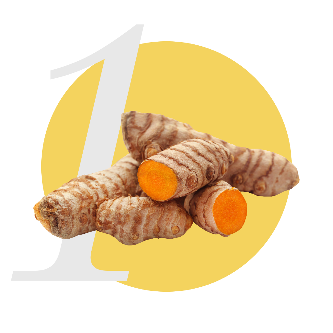 Turmeric roots on yellow circle background with number one.