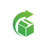 Green recycling icon with an arrow circling a cube.