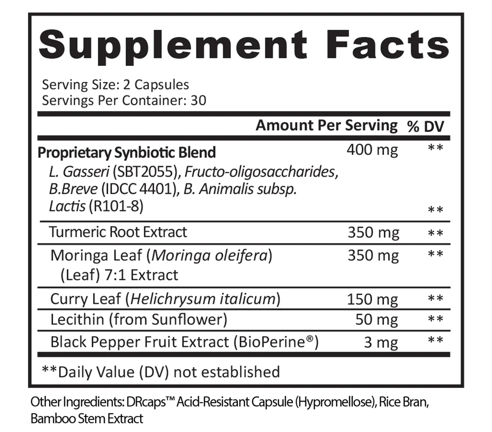 Supplement facts label listing ingredients and their amounts per serving.